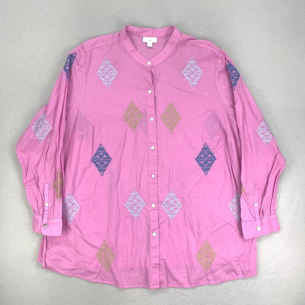 J.Jill Blouse Womens 2X Pink Button Up Cotton Embroidered
